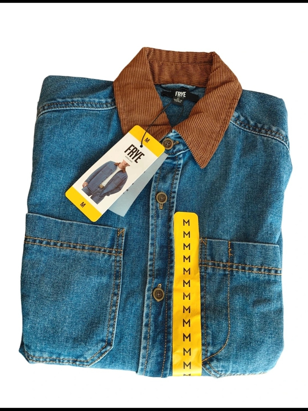 Frye Blue Denim Jacket with Brown Corduroy Collar Mens Size Medium NWT - Picture 1 of 4